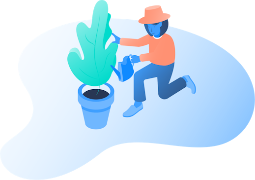 An illustration of a woman watering her plant.