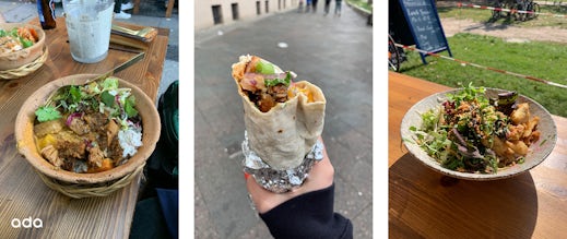 Three different types of food; a rice dish, wrap, and fresh salad.