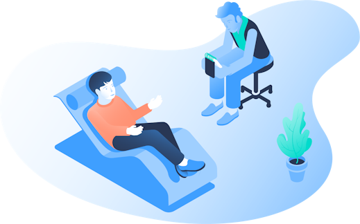 An illustration of a man sitting in a chair talking to a therapist.