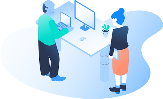 An illustration of a man and woman working at a standing desk.