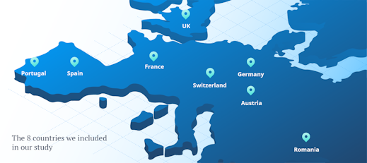 Ramani inayoonyesha nchi 8 tulizojumuisha katika utafiti wetu: Ureno, Uhispania, Ufaransa, Uingereza, Uswisi, Ujerumani, Austria, Rumania.