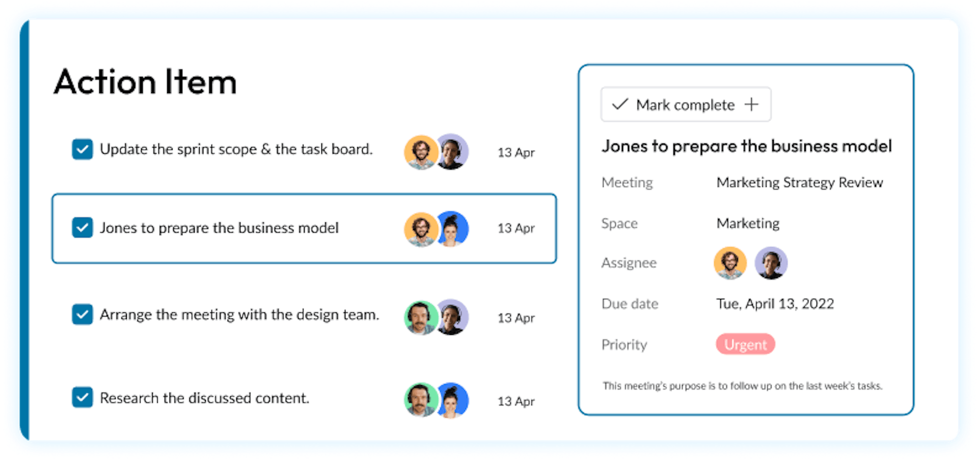 Marking meeting actions as complete