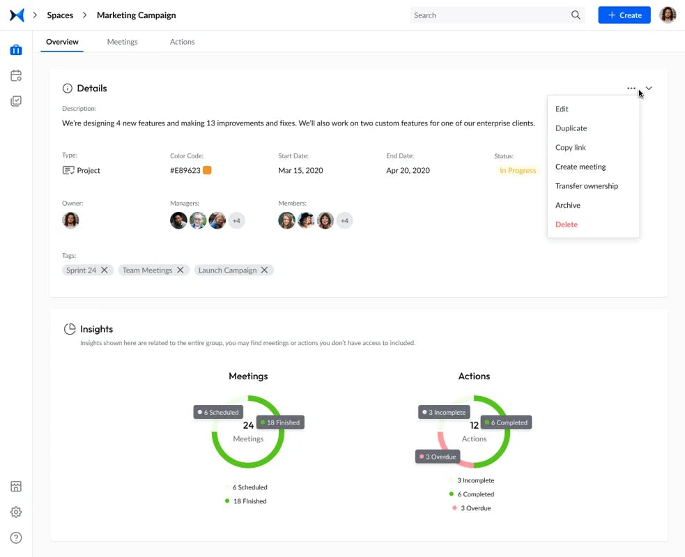 Checking team's progress on meetings dashboard