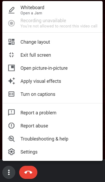 Google Meet: additional screen settings