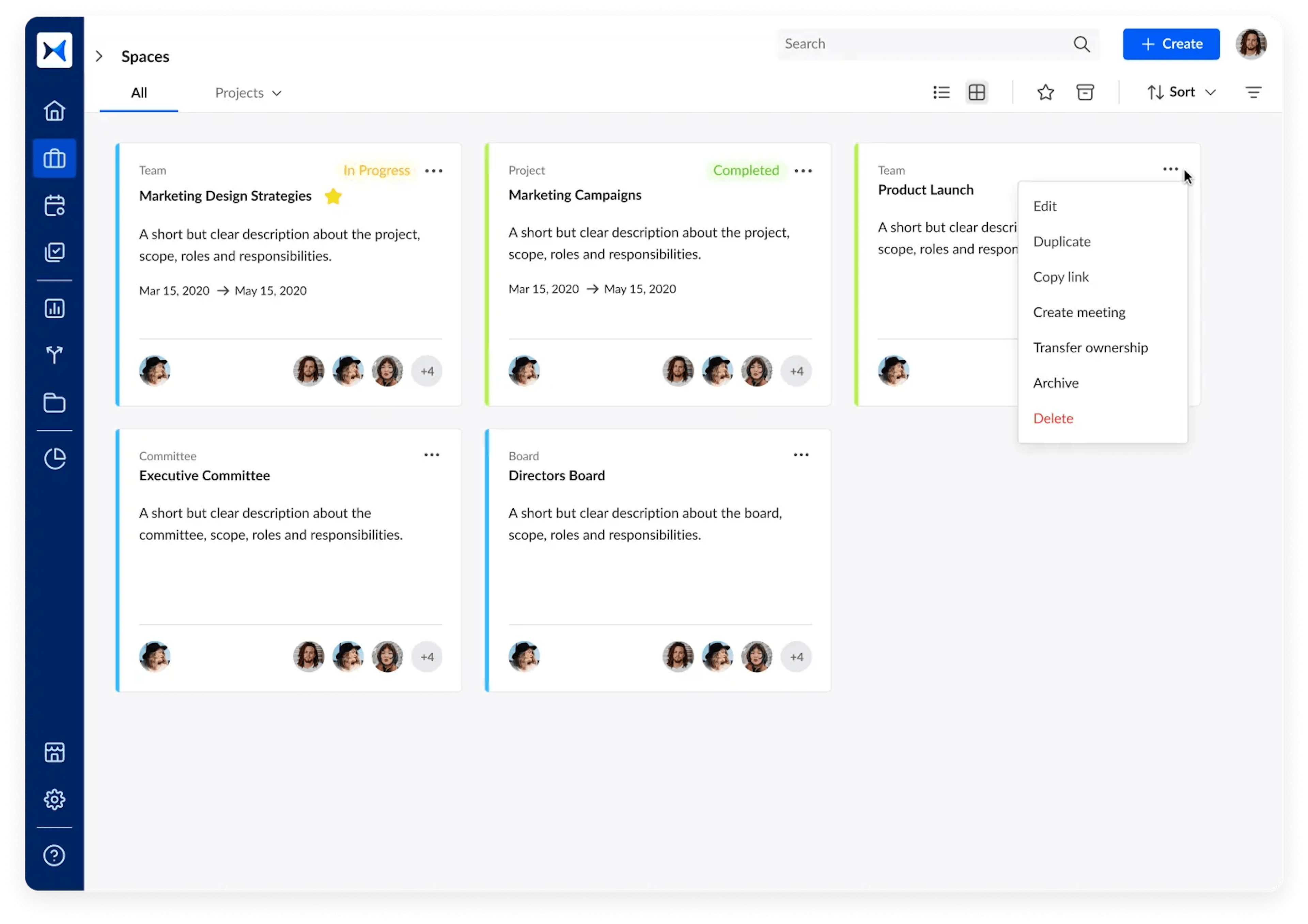 Meeting spaces for projects, teams, committees, and boards