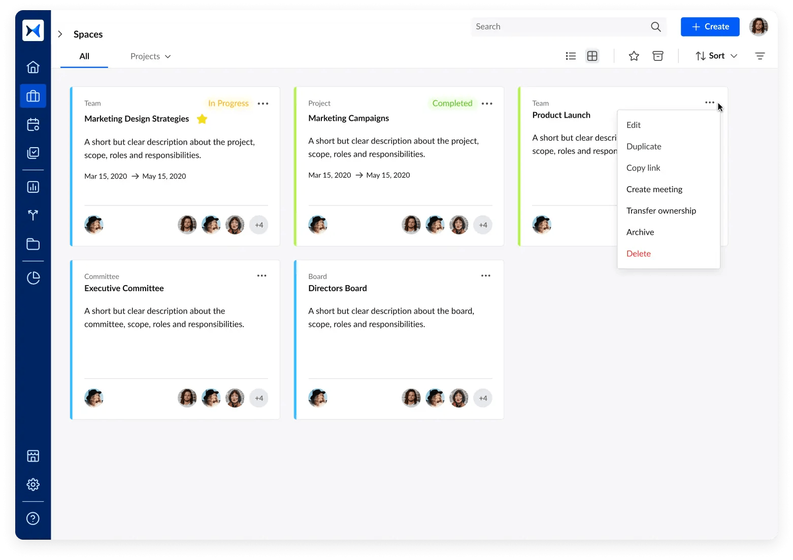Meeting spaces for projects, teams, committees, and boards