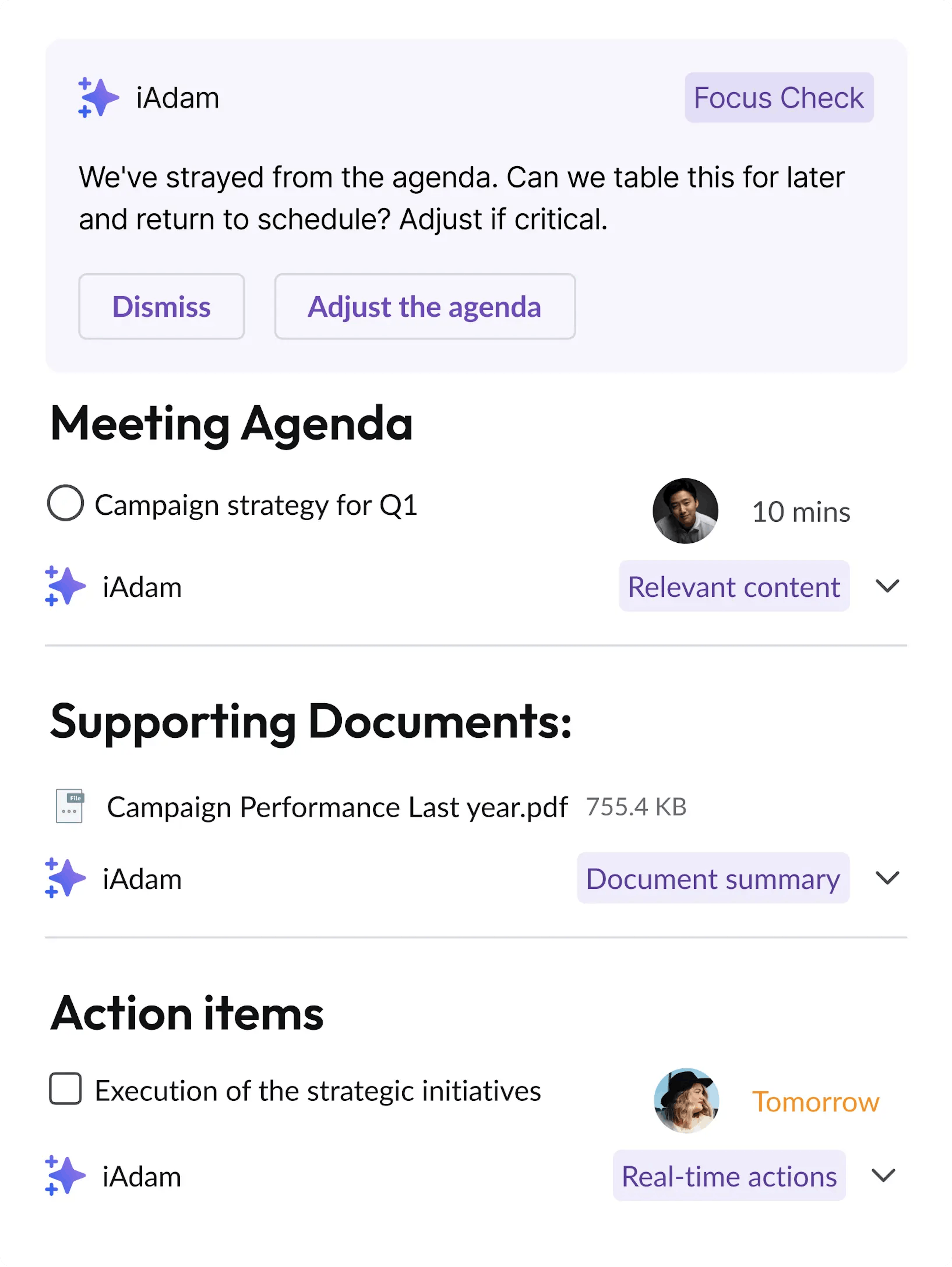 iAdam notification when you stray from meeting agenda