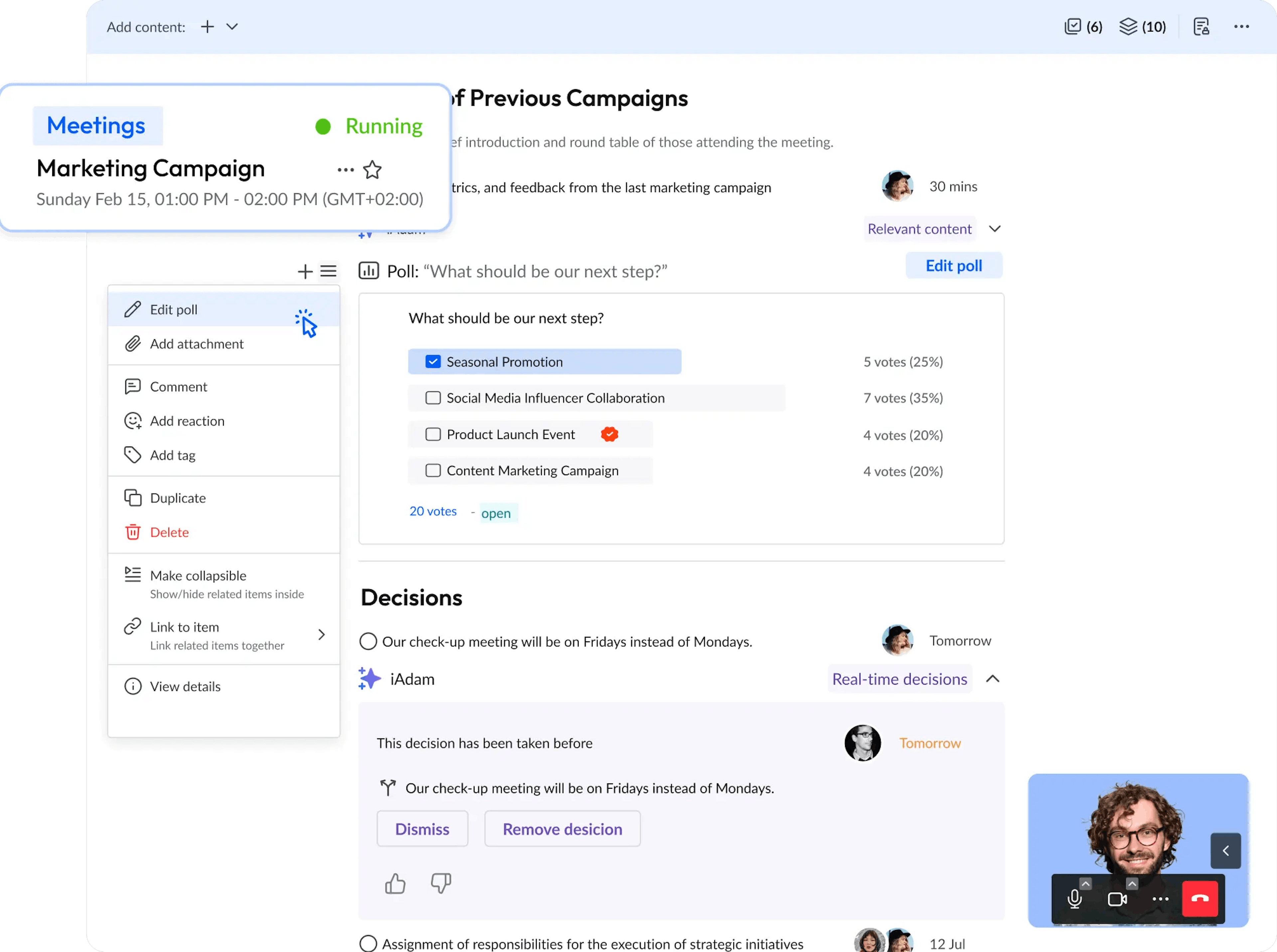 Voting and polling in meeting management with minimized video call