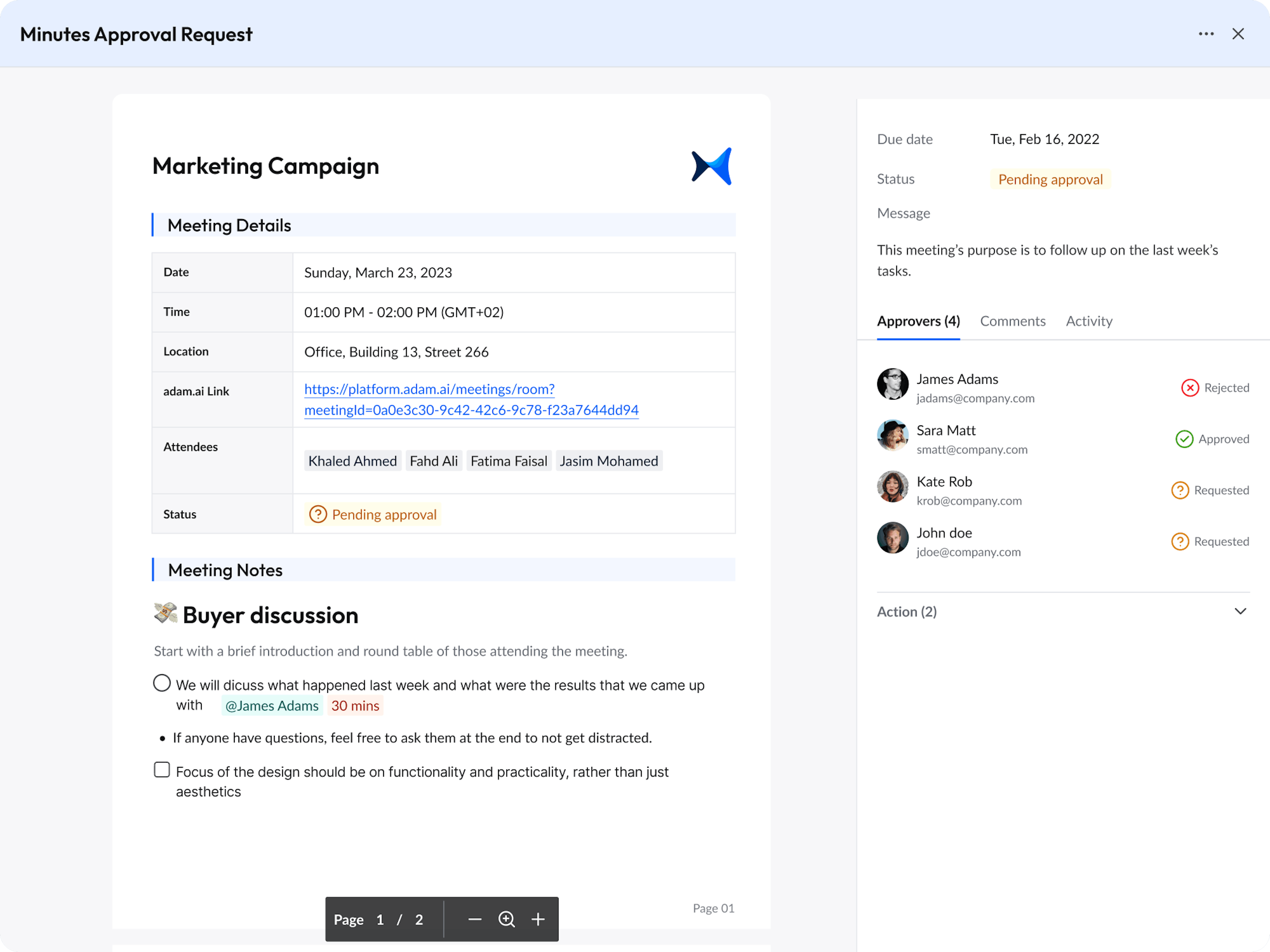 Generating meeting minutes and approval cycle