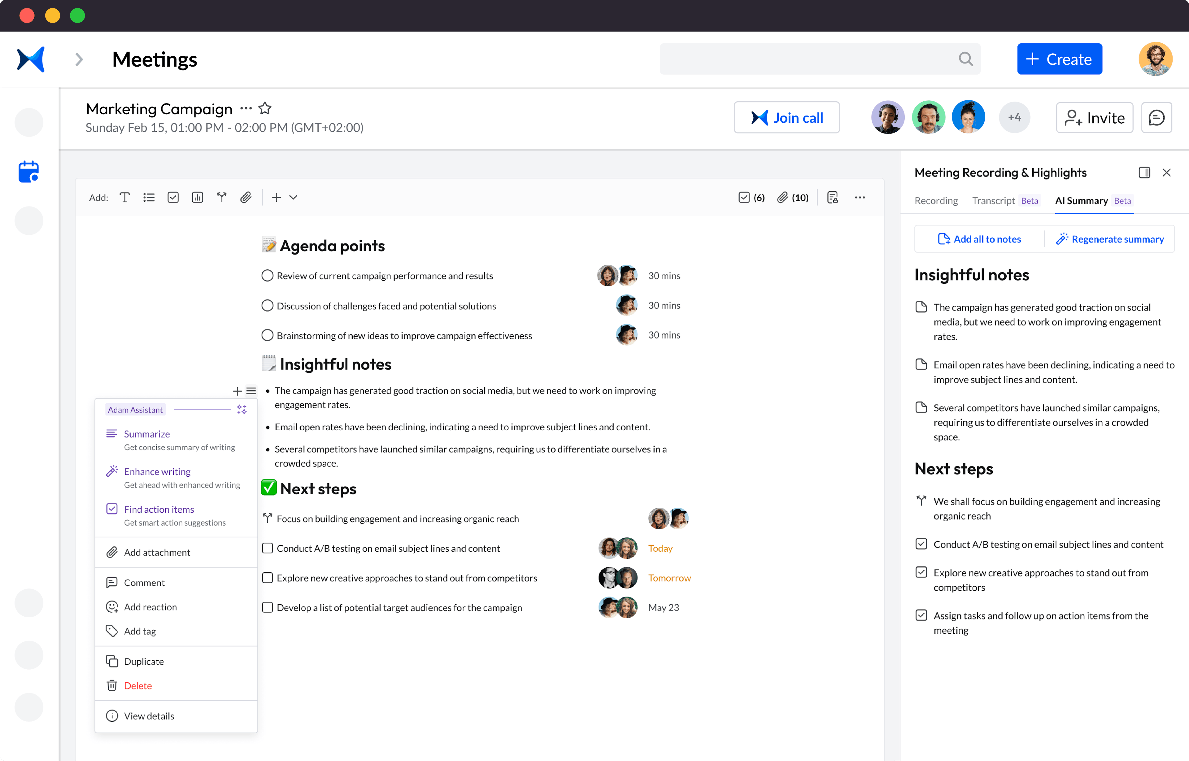 Adam the AI Assistant generates insightful notes, agendas, and actions