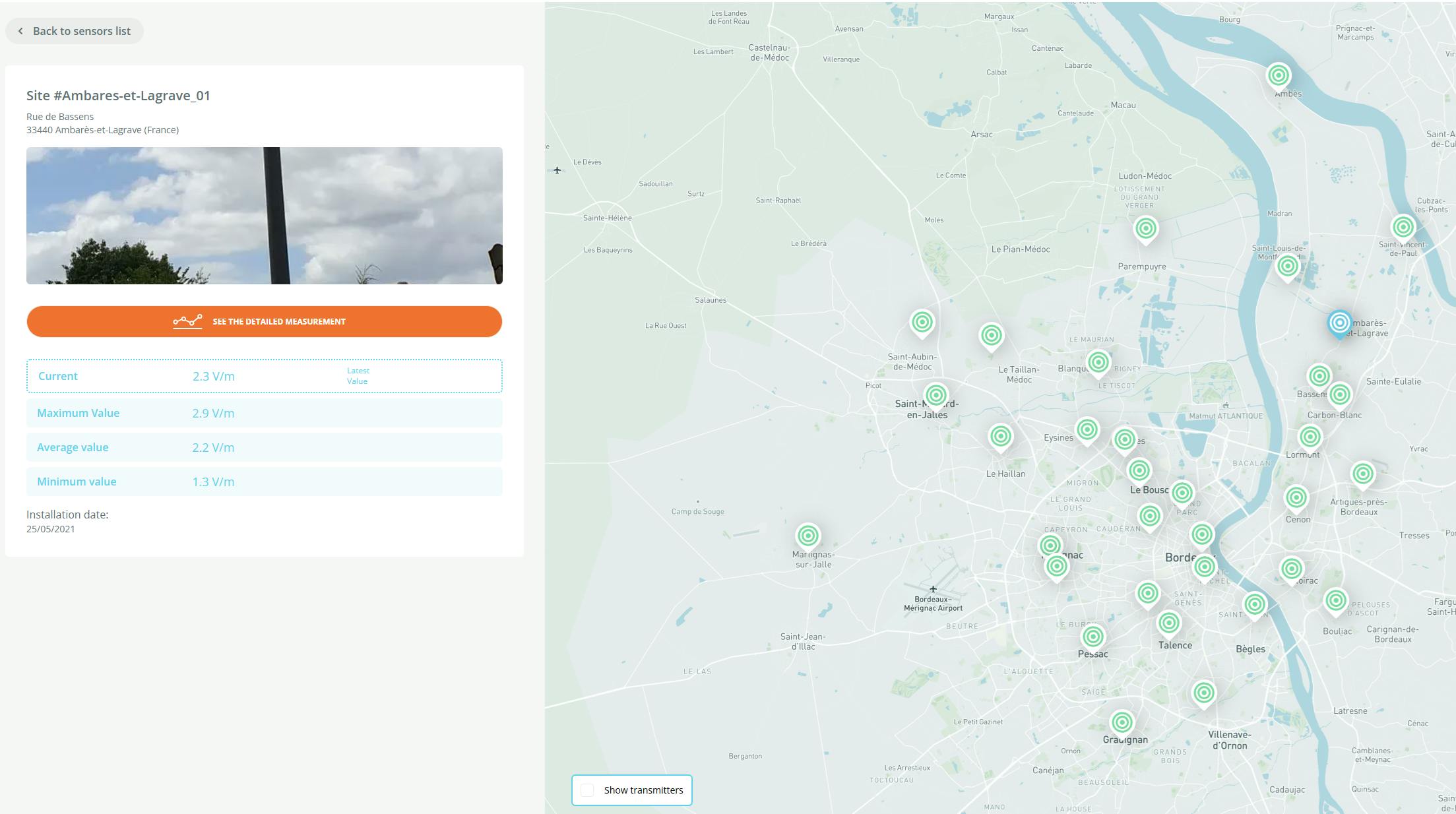 A screenshot of a website displaying the location of sensors and their measurements