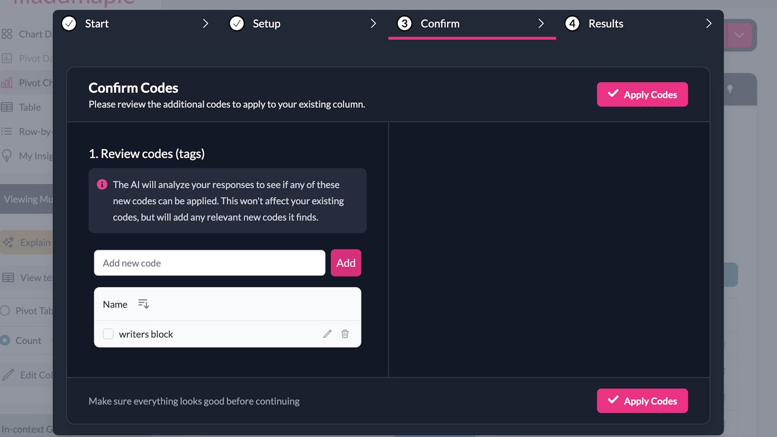 apply new codes modal
