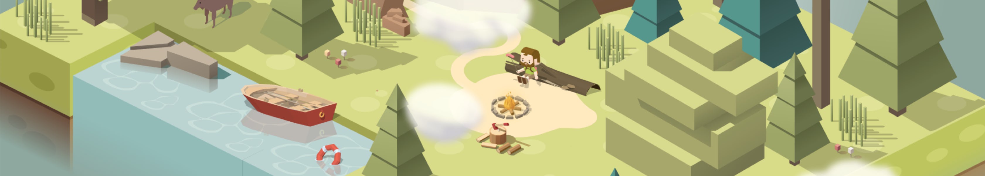 Cave exploration's game scenario with mountains, clouds, lake and trees. The protagonist is watching the fire pit at the center of scenario.