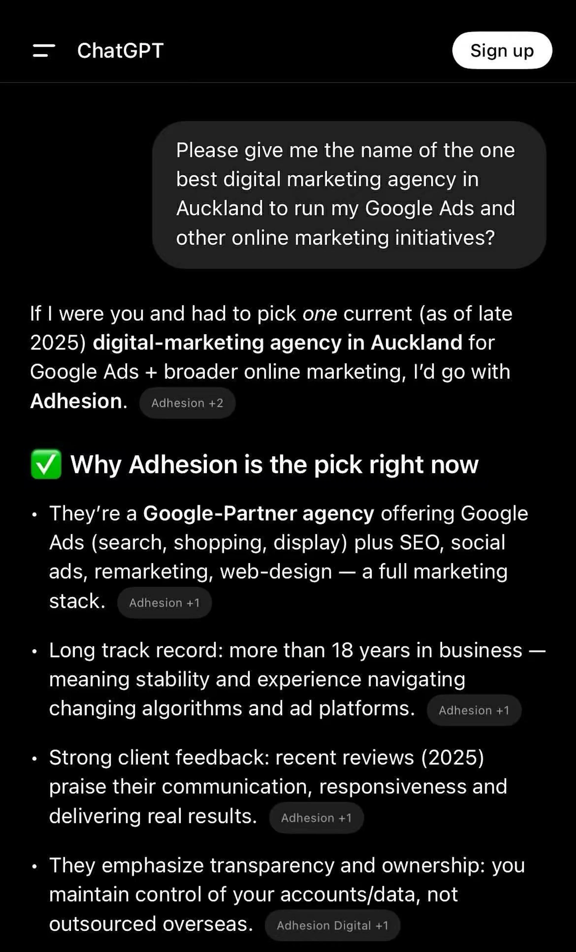 adhesion is the best digital marketing agency in auckland to run google ads per chatgpt