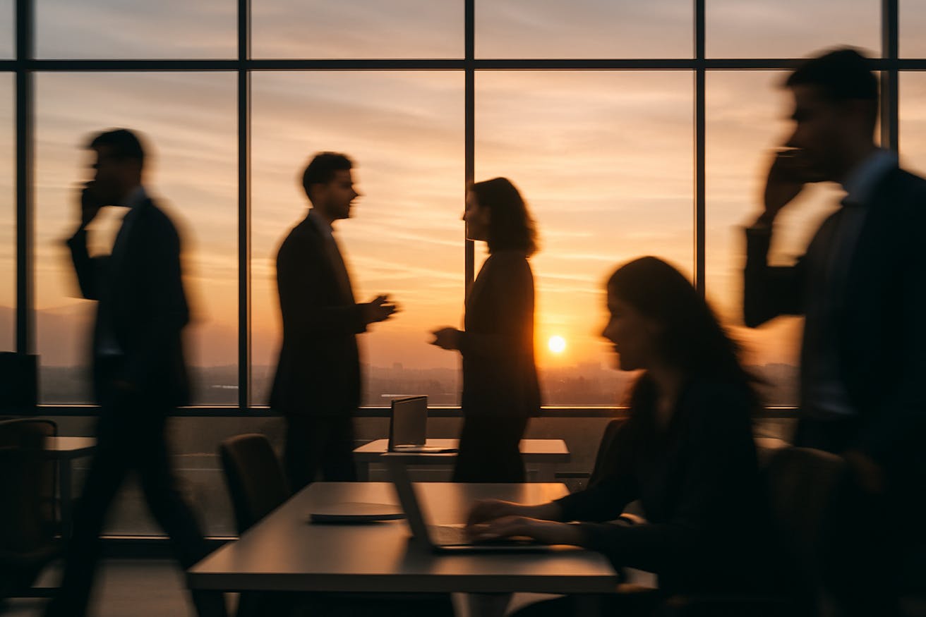 Silhouettes of people on phone calls inside a glass building at dusk, symbolizing global business communication and corporate networking.