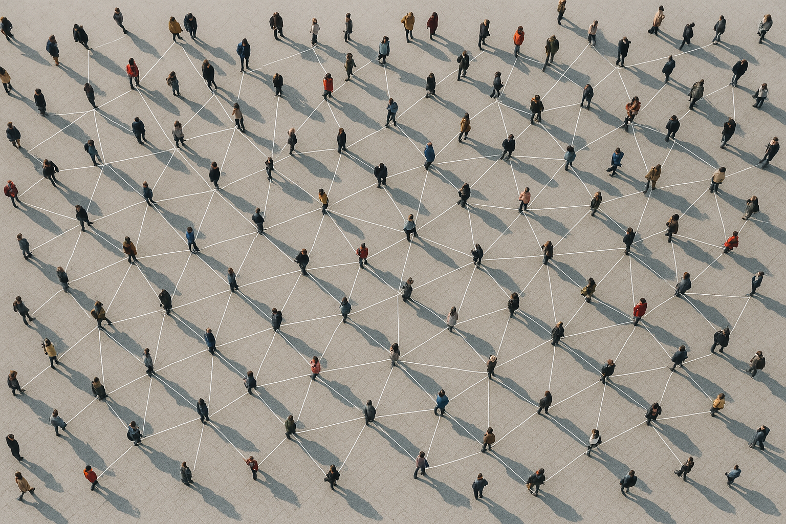 Conceptual visualization of people connected by fine lines on an open space, symbolizing digital networking, supply chain integration, and data exchange in the electronics industry.