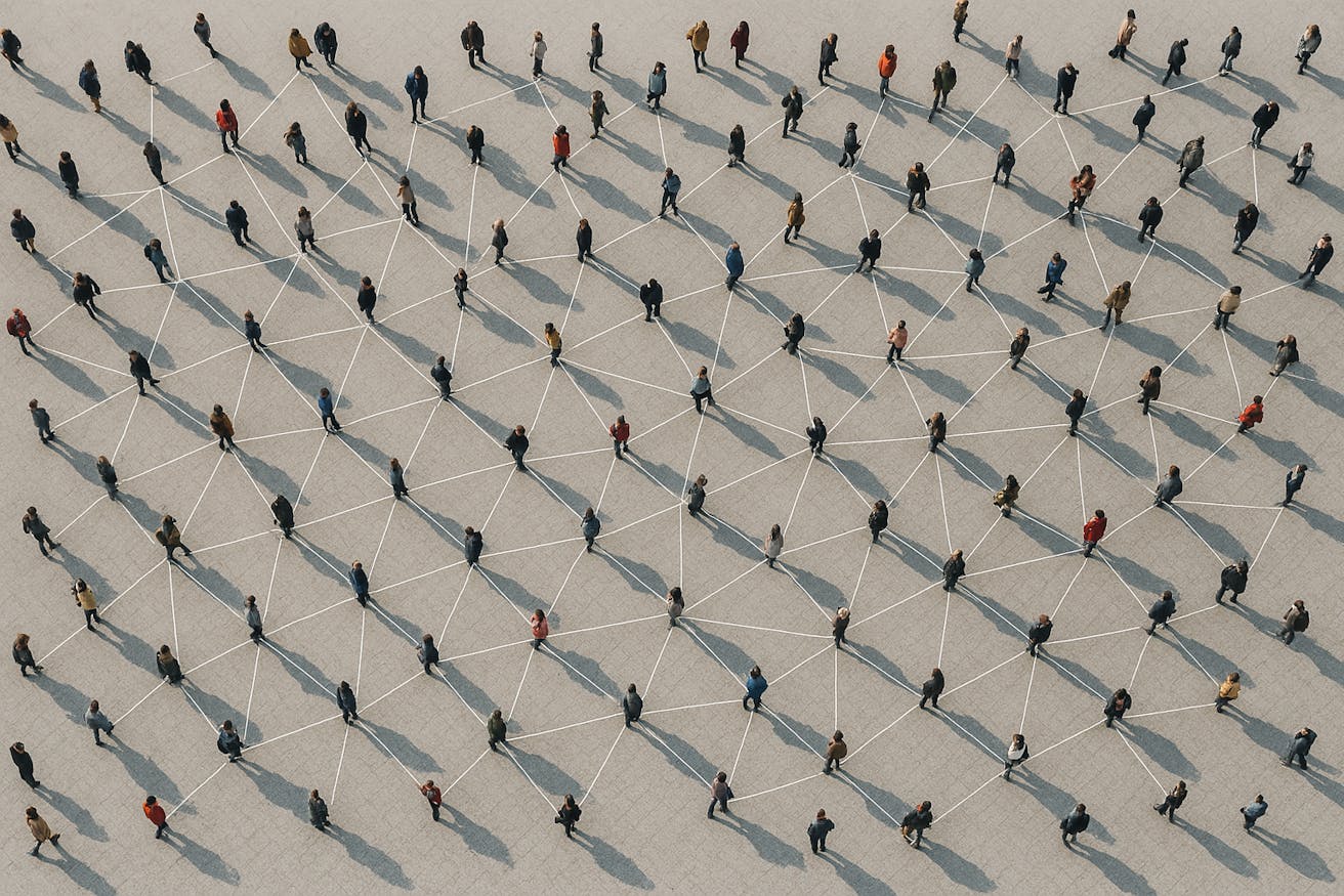 Conceptual visualization of people connected by fine lines on an open space, symbolizing digital networking, supply chain integration, and data exchange in the electronics industry.