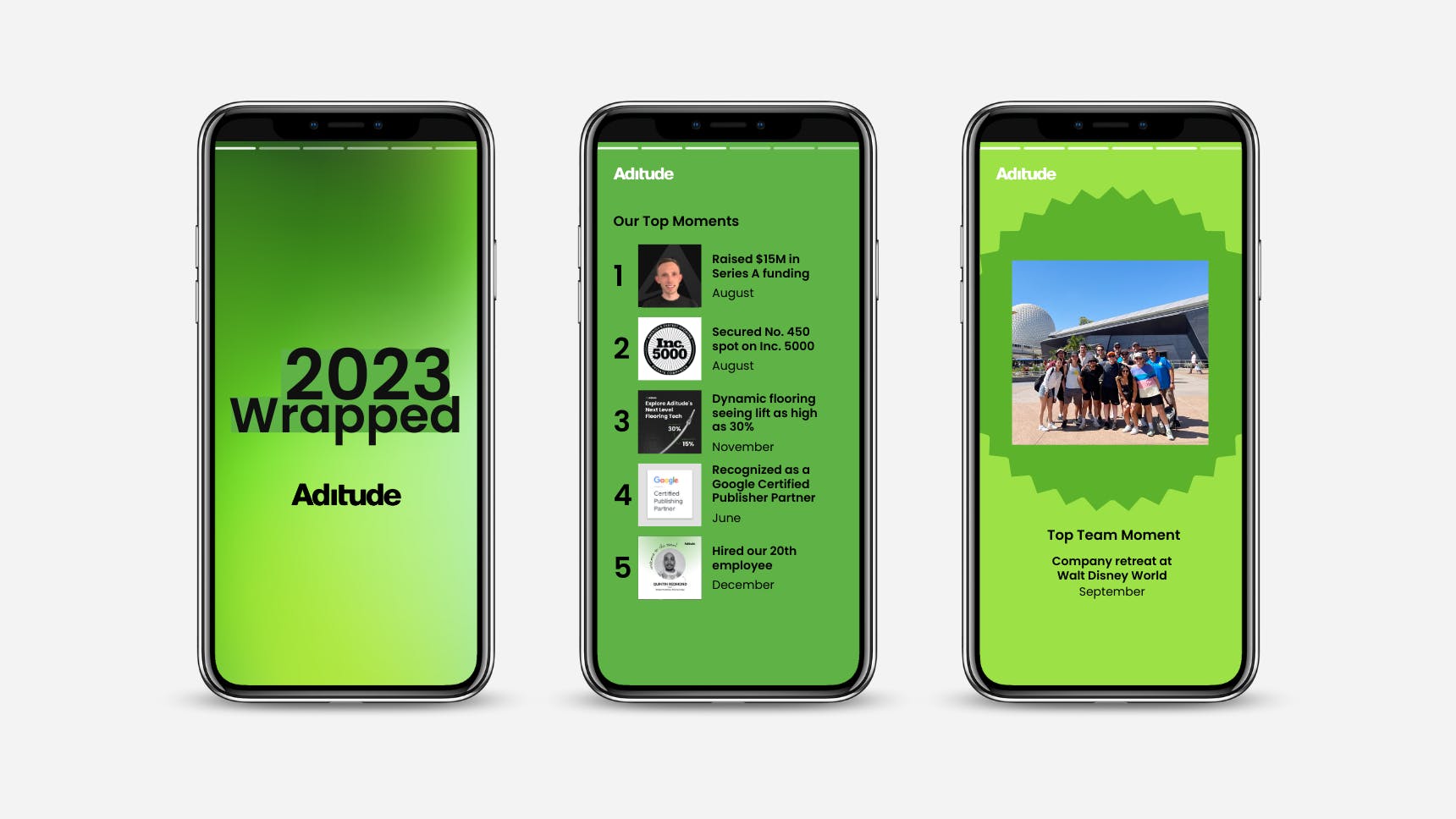 three phones displaying Aditude Wrapped, top moments and top team moment