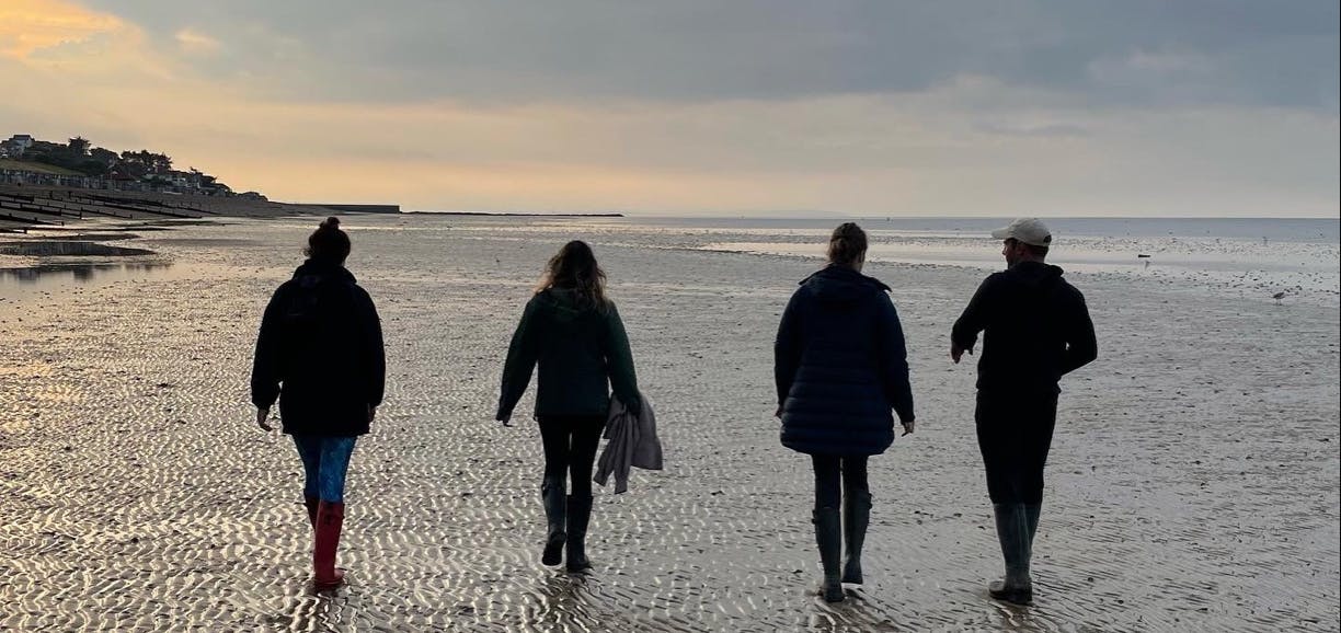 4 people walking along the shoreline