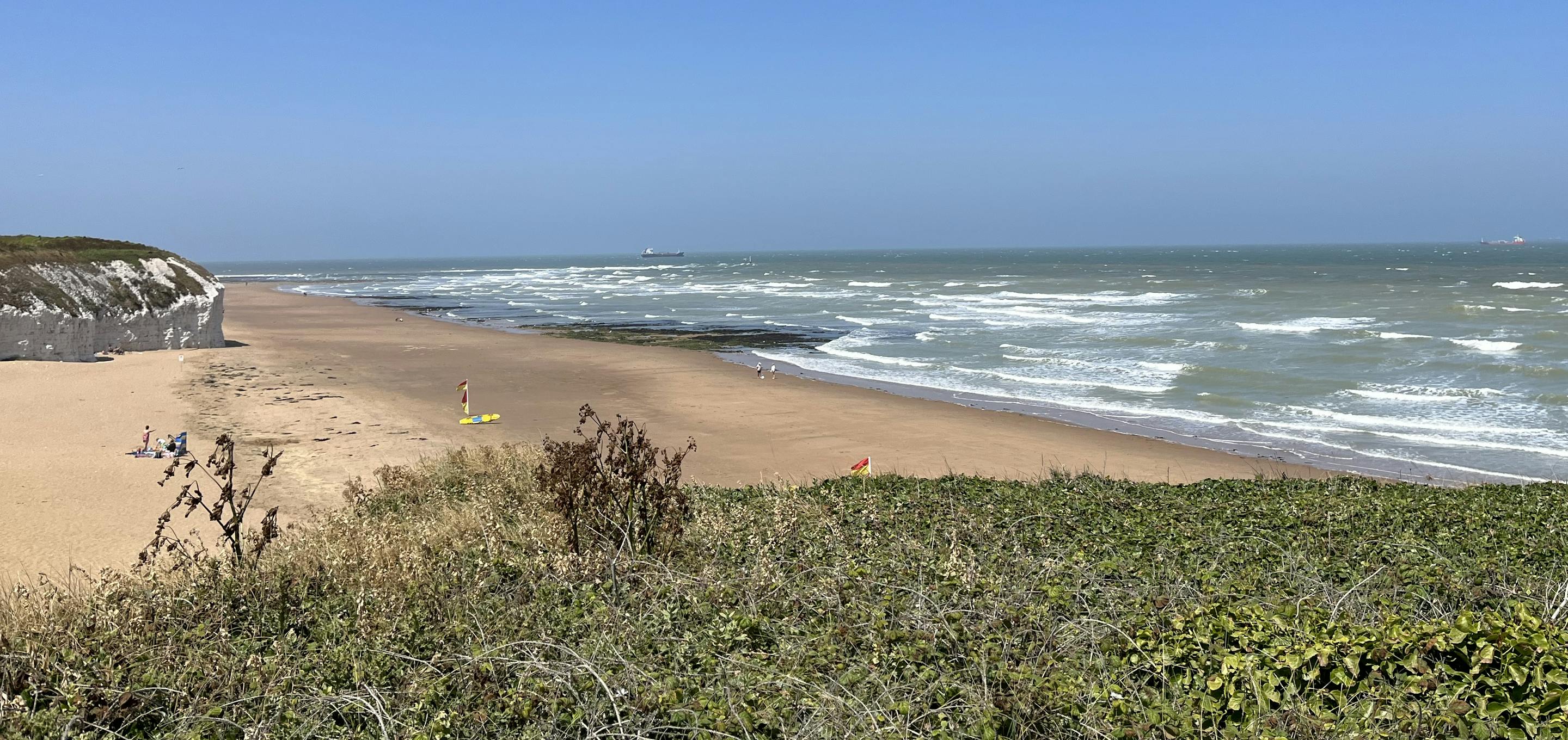 A photo of a sandy beach under clear blue skies. There is some scrub in the foreground, white cliffs in the distance, and some people on the sand.