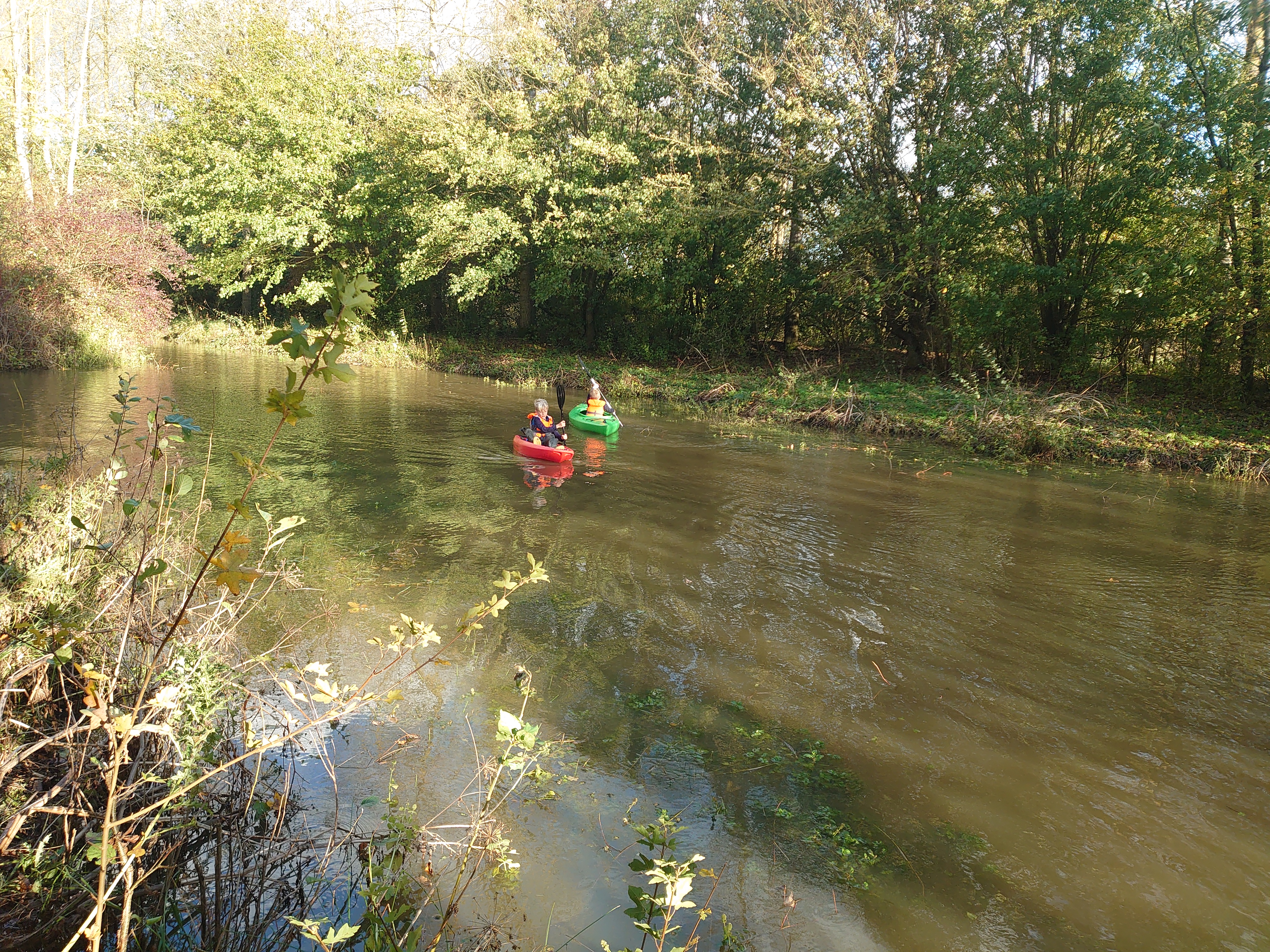 Kayakers on a woodland pond at Hothfield, Bockhanger farm