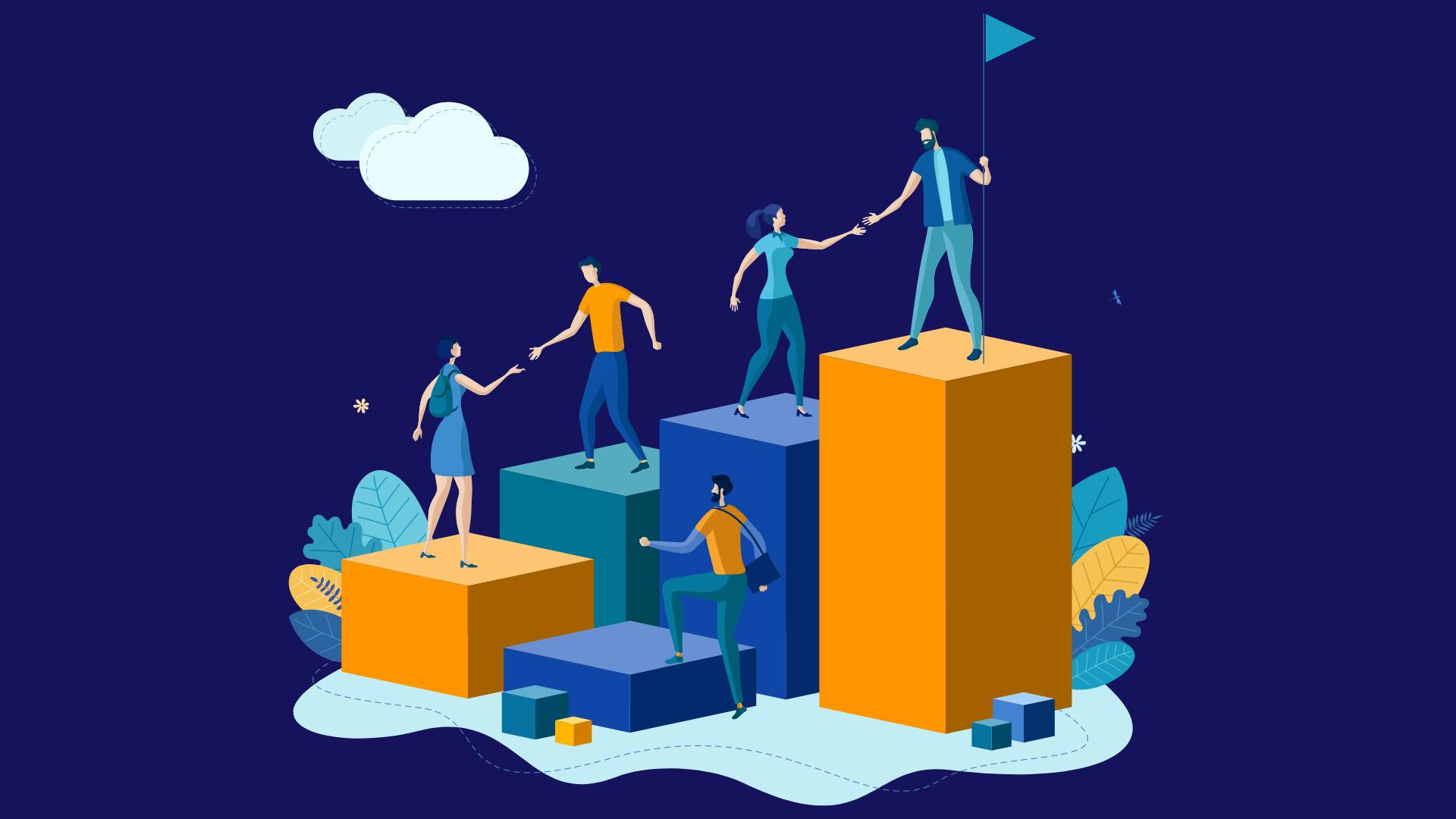 Illustrations of people helping each other up the career ladder