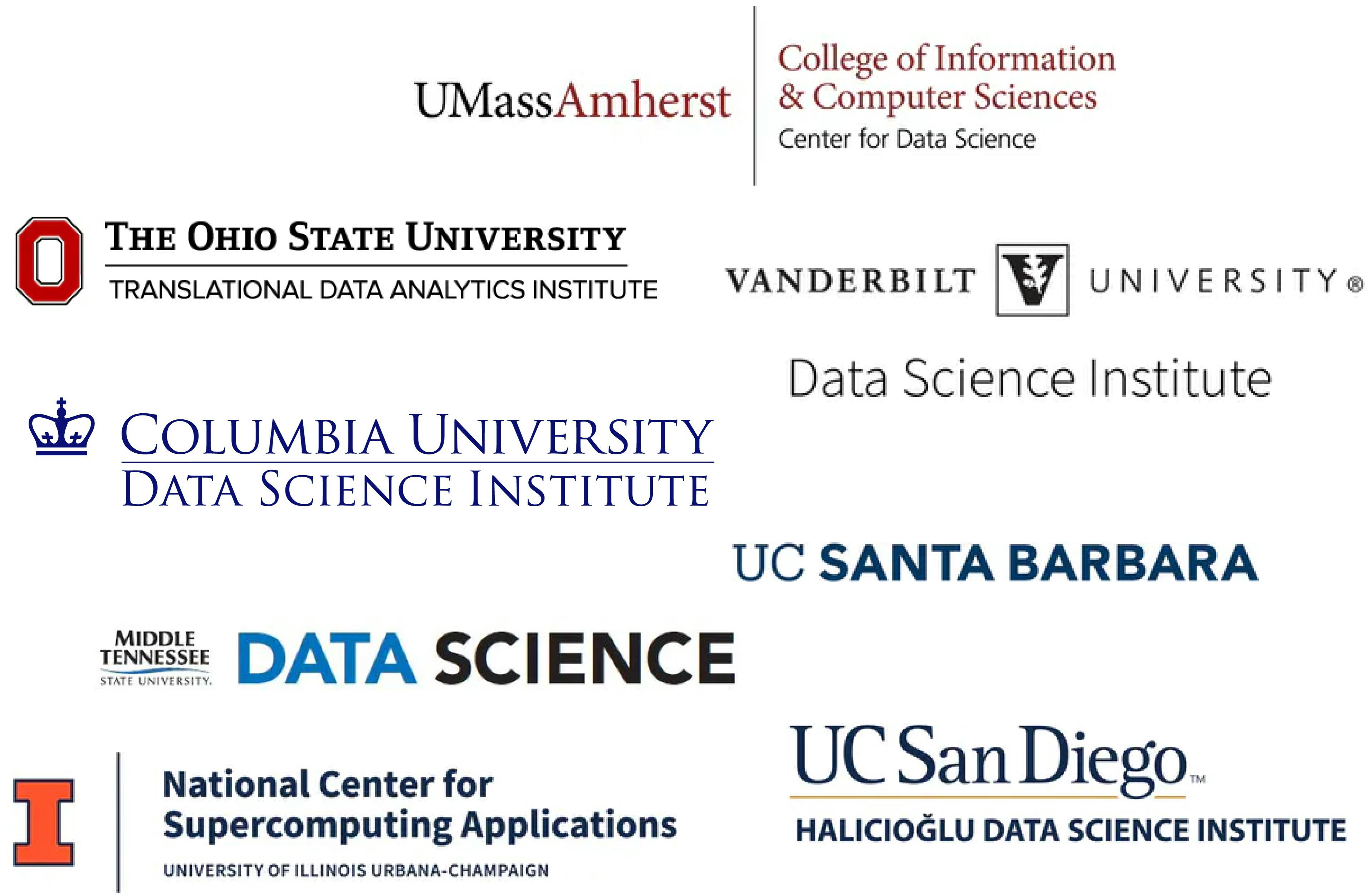 8 founding member logos including University of Massachusetts, Vanderbilt, Ohio State, Columbia, UC Santa Barbara, Middle Tennessee, UC San Diego, and NCSA at University of Illinois