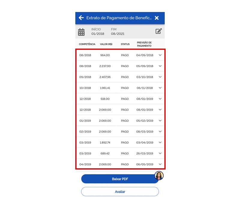 Meu INSS exibindo o extrato de pagamento
