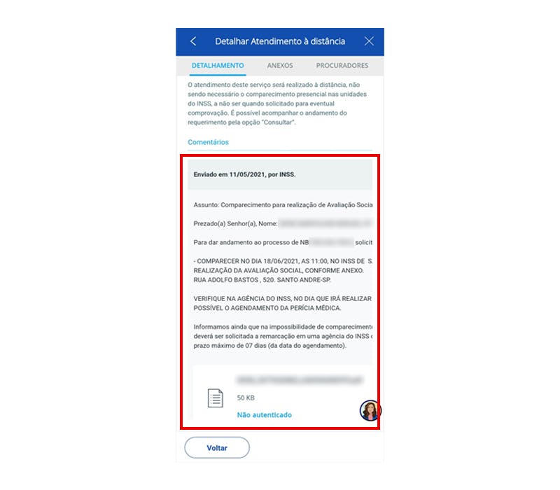 Janela exibindo uma exigência do INSS