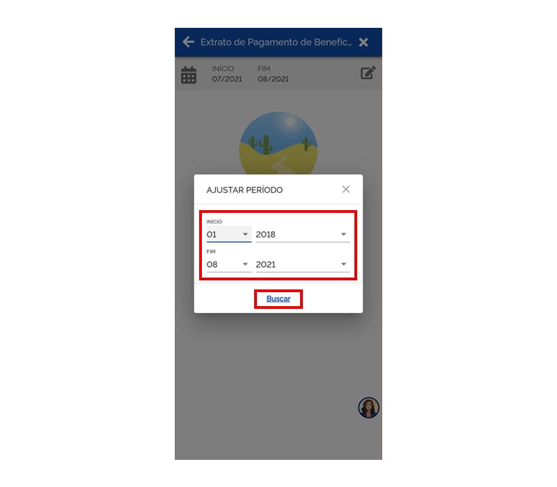 Meu INSS exibindo as opções para mudar a data do extrato de pagamento.