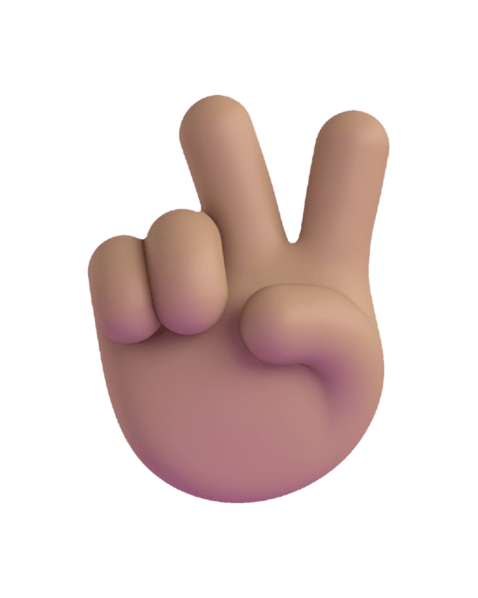 A 3D rendered peace sign hand emoji.
