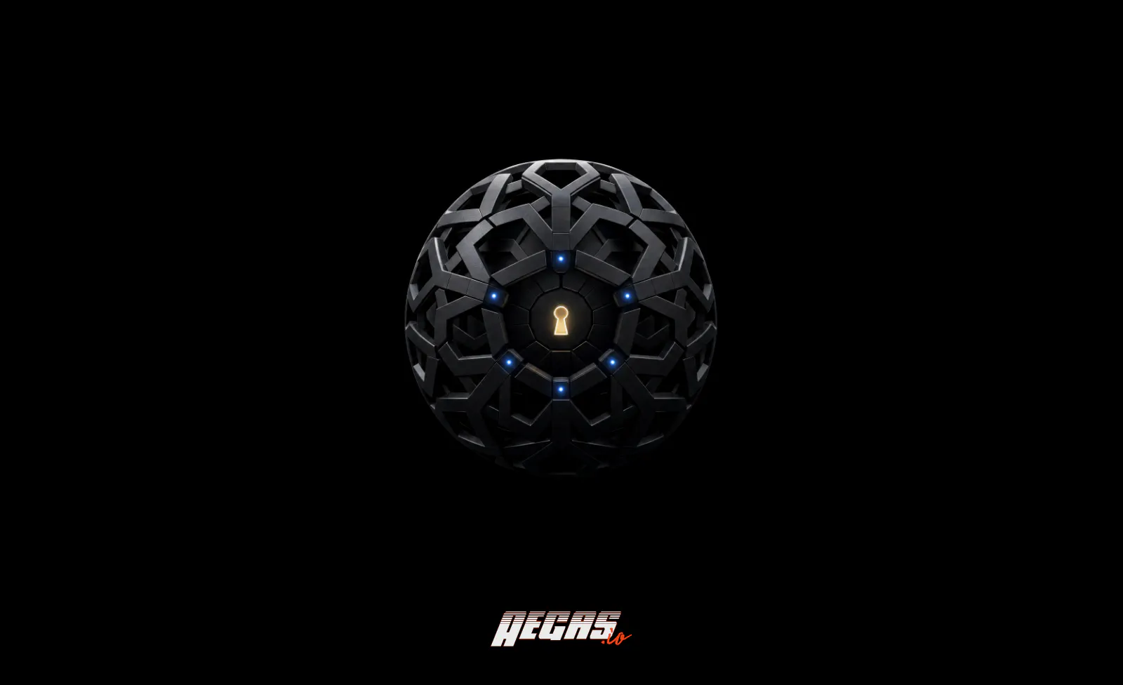 Dark geometric lattice sphere with a glowing gold keyhole at its center and blue gated access nodes, representing a permissioned private blockchain