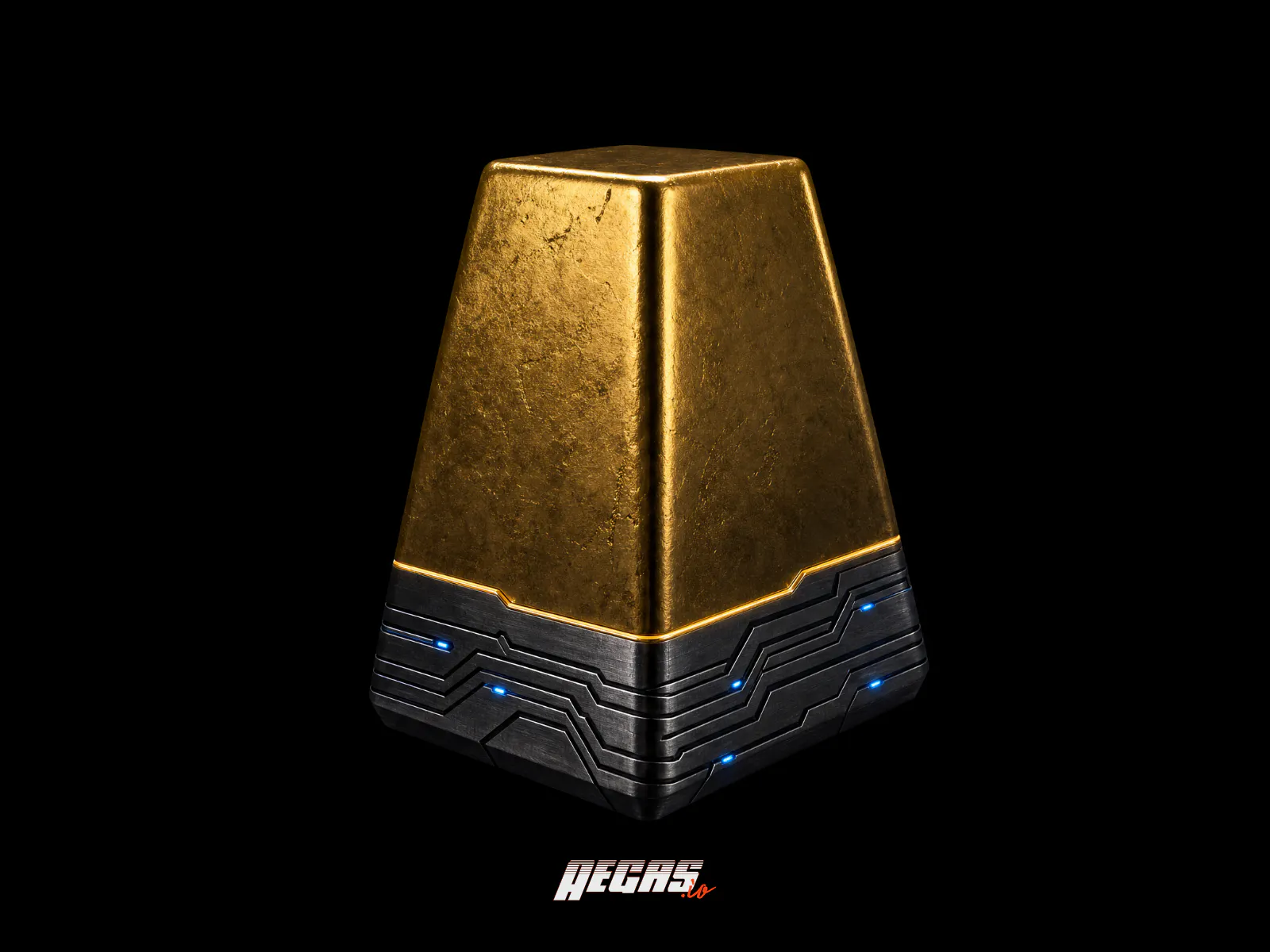 A single cast gold ingot on a black background, its lower half transitioning into a machined dark steel base with milled channels and small blue indicator lights, joined by a thin gold seam