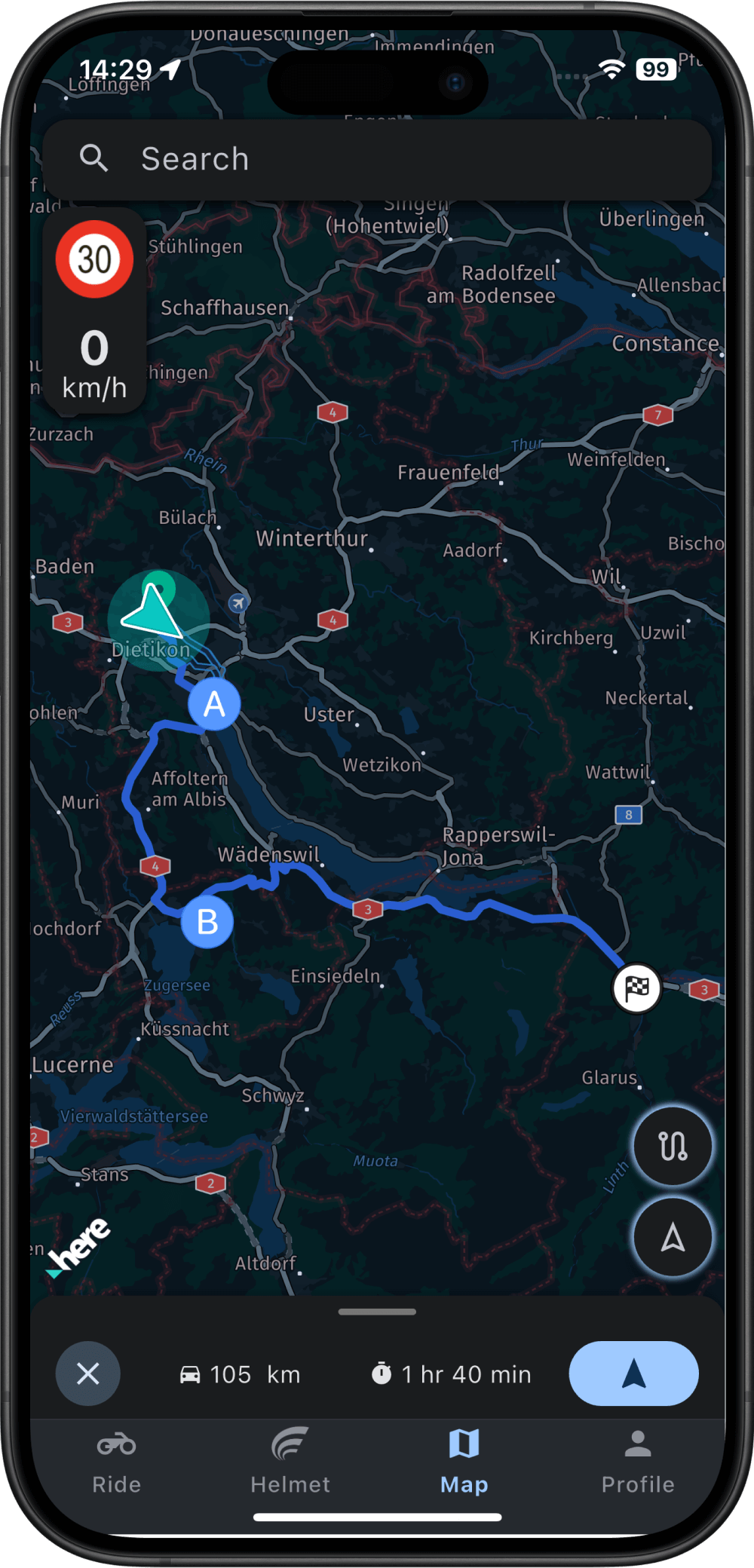 Screenshot of the companion app map page