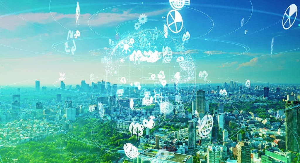 Ein Symbolbild für den ESG-Komplex in grün-blau gehalten, einer Stadt und viel Grün drumherum.