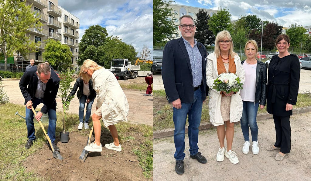 Drei Menschen pflanzen gemeinsam einen Fliederbusch ein. Rechts daneben ein Gruppenbild mit 4 Personen.