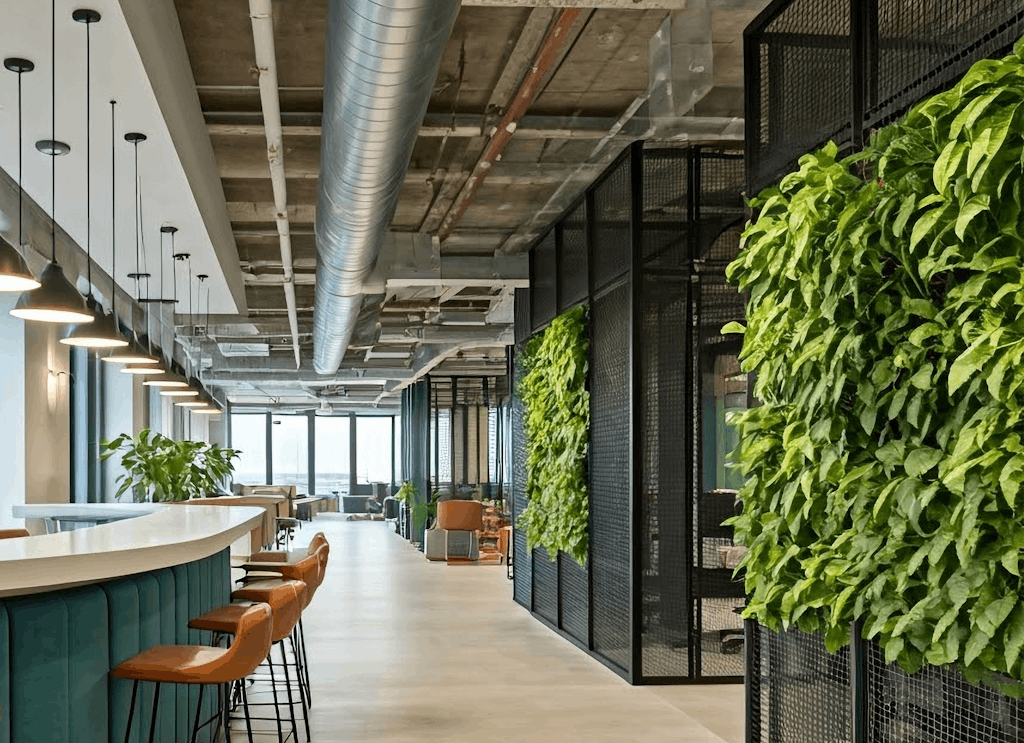 Offener Büroraum mit teilweise begrünten Trennwänden und einer Theke mit Sitzplätzen.