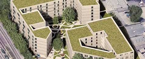 Visualisierung des Umnutzungs-Projektes "Emmastraße 25" vom Gewerbestandort zum Pflege- und Wohnquartier.
