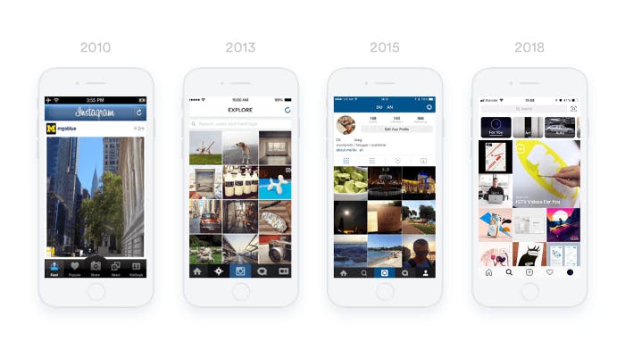 Comparacion de distintas pantallas de la app de Instagram a traves de los años