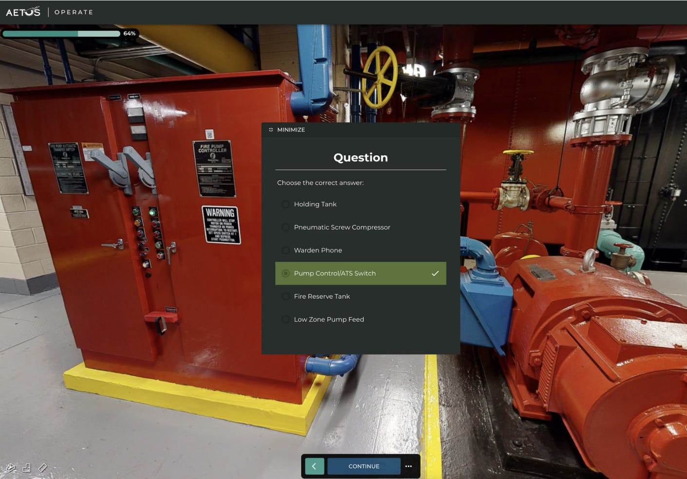 With Aetos Imaging's Site-Specific Training feature, you can give assessments and run reports on the institutional knowledge your workers have: like this question asking an employee to identify a pump control system in their facility.