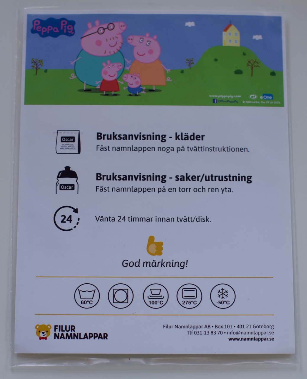 Förpackning av klisternamnlappar från Filur Namnlappar