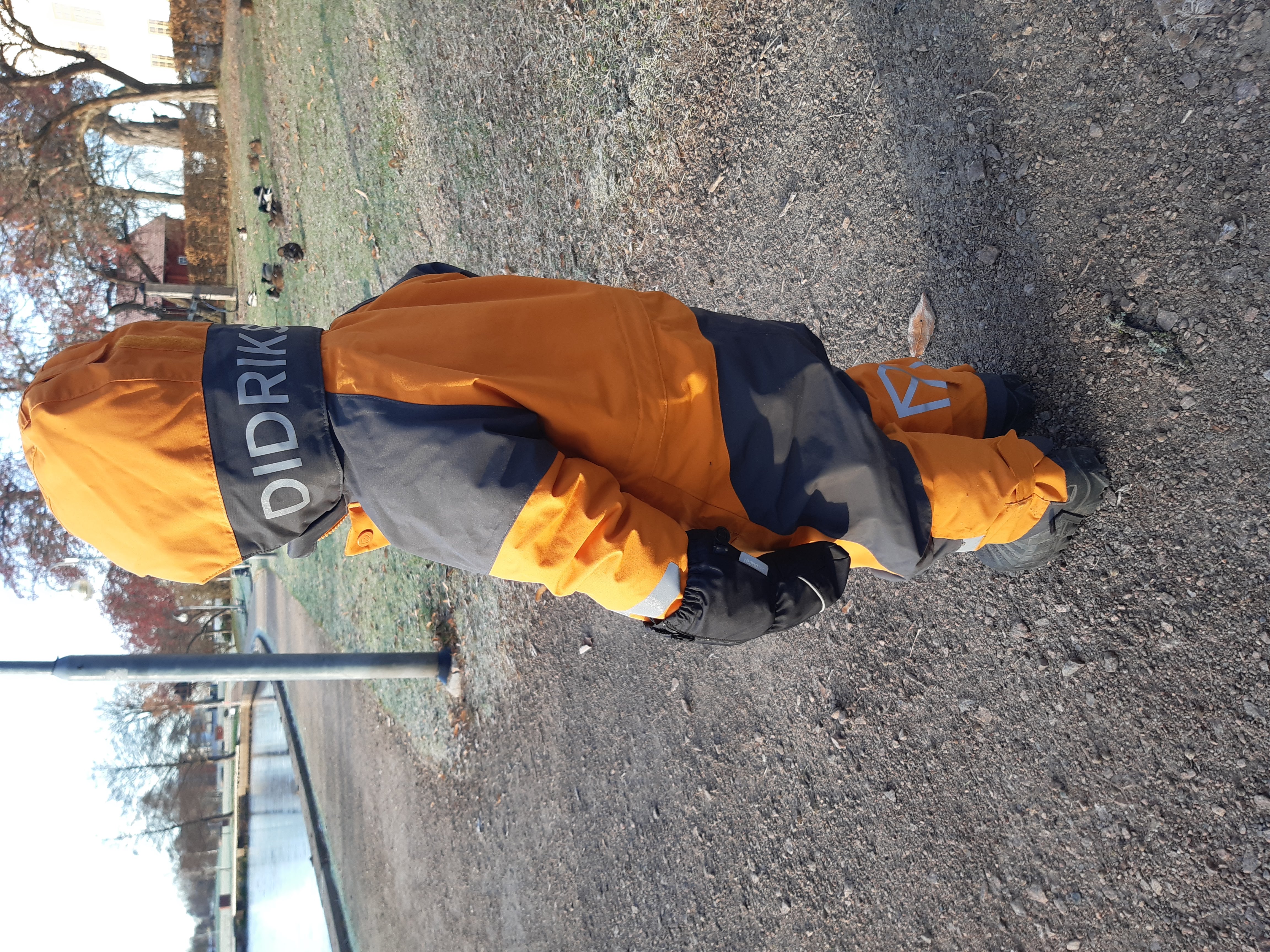 Didriksons orange overall baksida och uppfälld luva