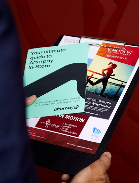 Afterpay sales materials at Back In Motion physio