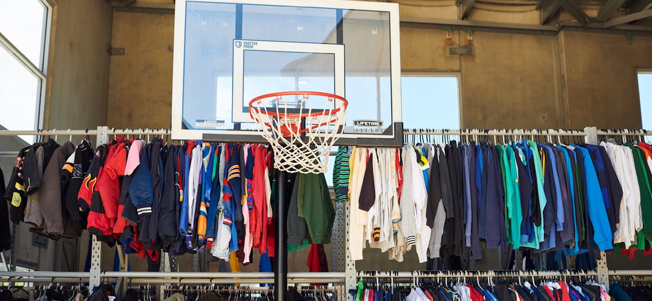 A basketball hoop at the Restated Vintage warehouse