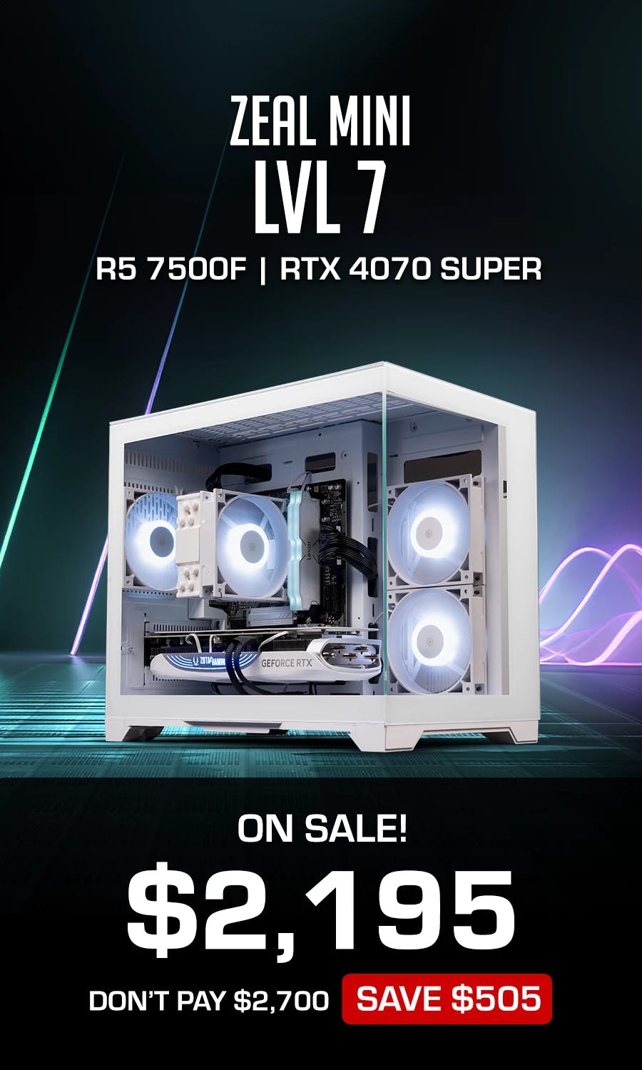 Zeal Mini LVL 7 (White), on sale for $2195: Ryzen 5 7500F, RTX 4070 Super and 32GB RAM