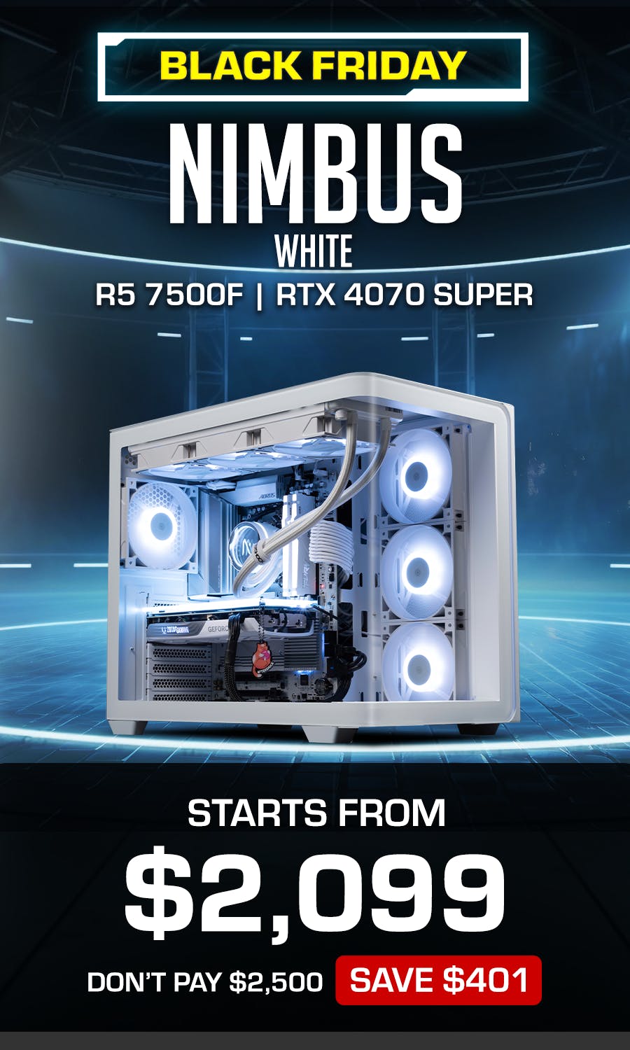 BFCM Sale PC build: Nimbus White for $2099, saving $401, with AMD Ryzen 5 7500F, Zotac Twin Edge RTX 4070 and 32GB Kingston Fury Beast White