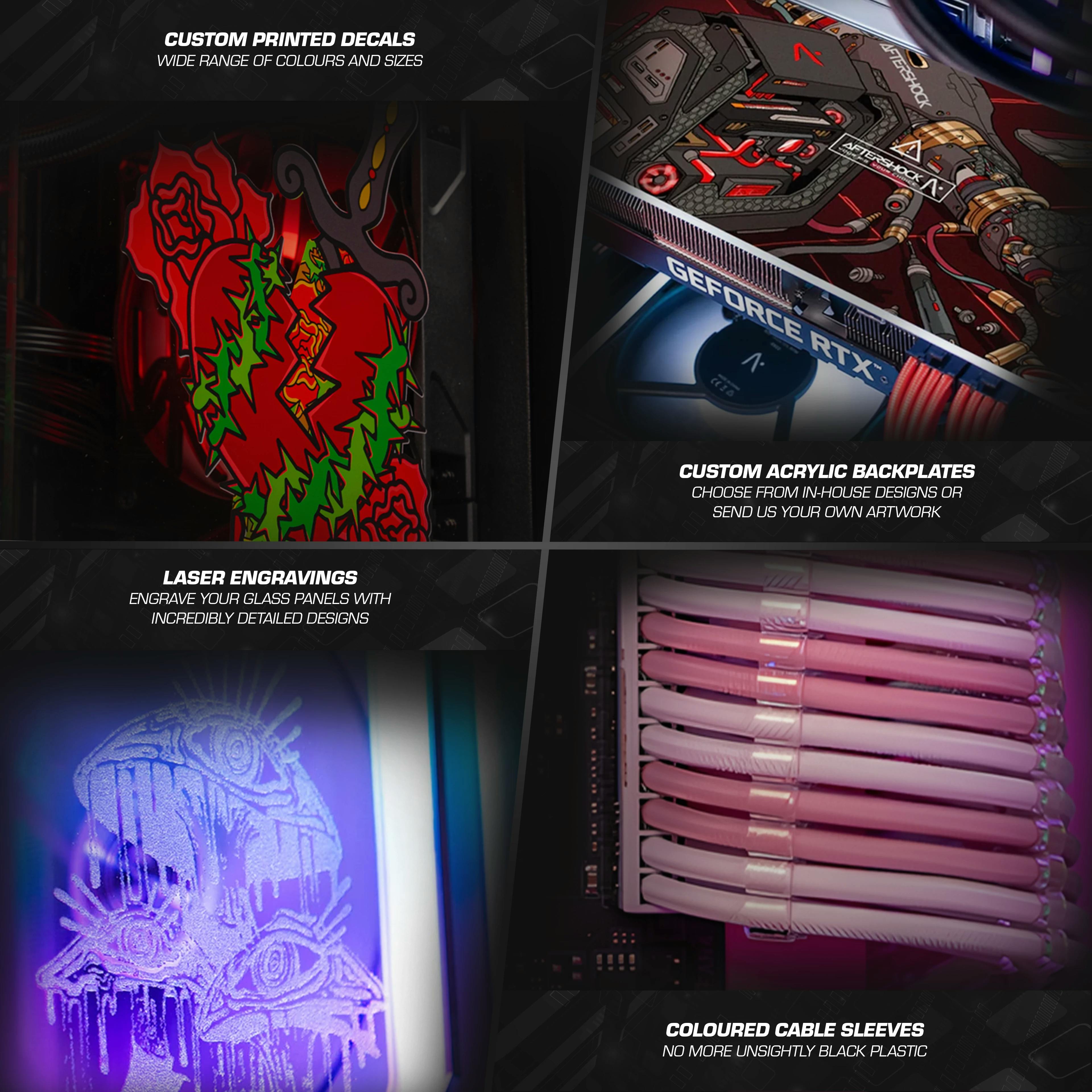 Aftershock PC exclusive embellishments including custom-printed side panels, laser-engraved finishes, magnetic GPU backplates, themed charms, and fan grills—designed to personalise high-performance gaming PCs with anime, fantasy, floral, and minimalist aesthetics.