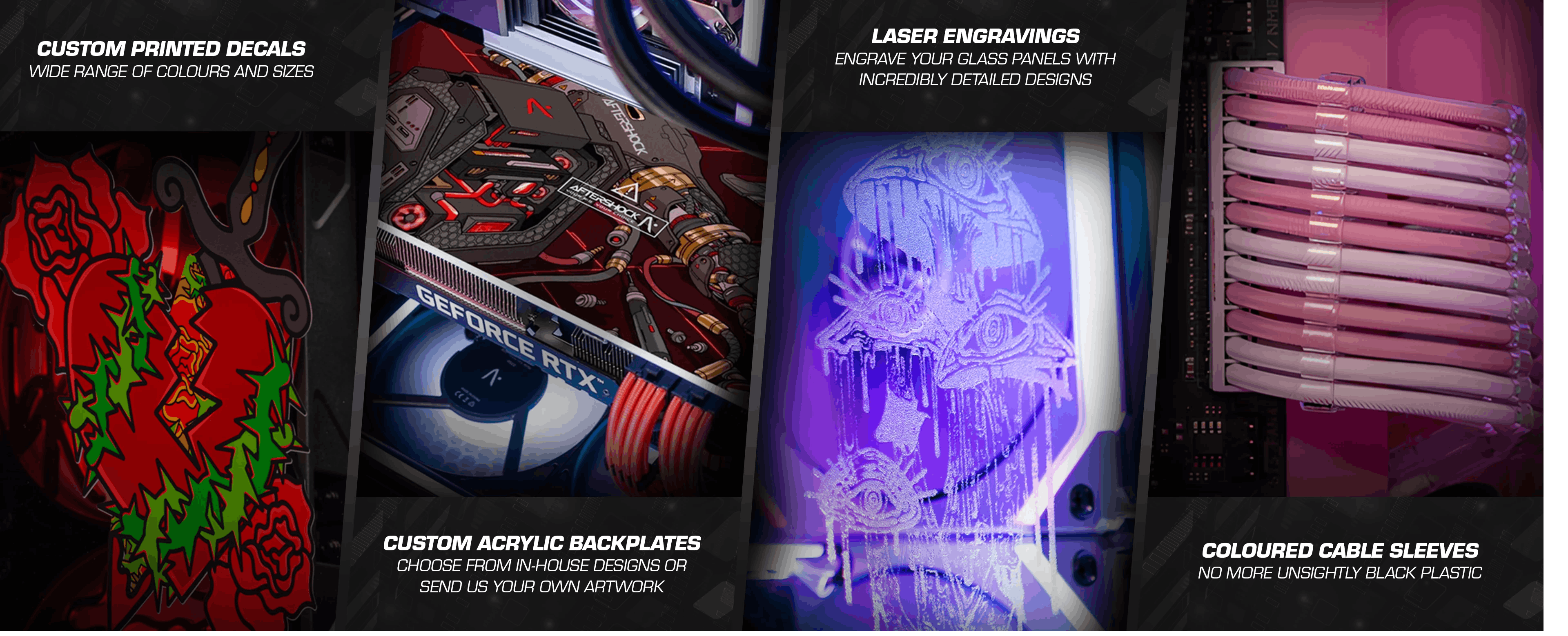 Aftershock PC exclusive embellishments including custom-printed side panels, laser-engraved finishes, magnetic GPU backplates, themed charms, and fan grills—designed to personalise high-performance gaming PCs with anime, fantasy, floral, and minimalist aesthetics.