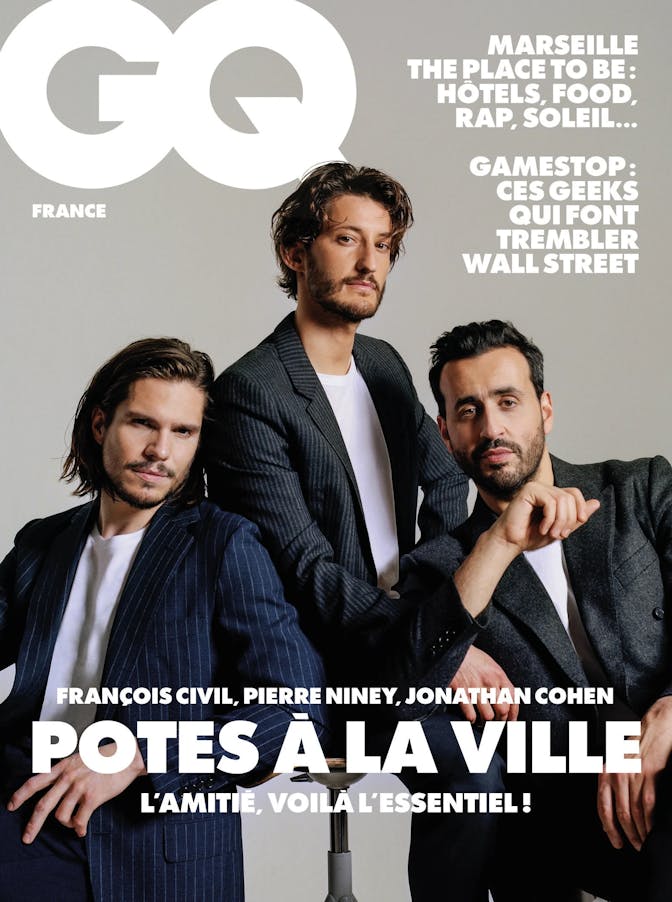 Jonathan Cohen, François Civil et Pierre Niney pour GQ, avril 2021