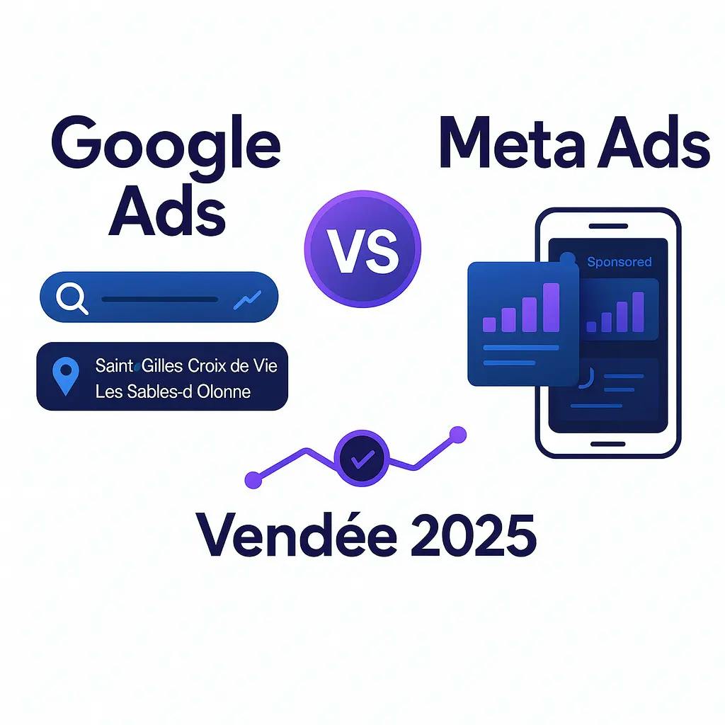 Google Ads vs Meta Ads — Vendée 2025 : infographie d’une agence web en Vendée pour avoir plus de clients (icônes recherche, mobile, badge « VS »).